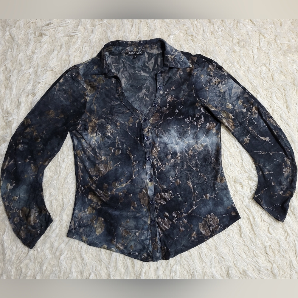 BOHO CHIC Floral Print Black Blouse 3/4 Sleeve Shirt Top Women's Size Medium